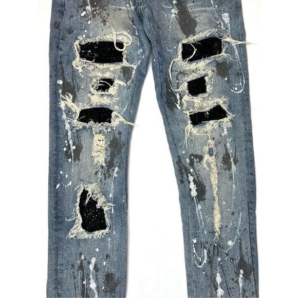 DNA Premium Painted Embellished Ripped Destroyed Blue Jeans 30 Streetwear Grunge - Picture 2 of 11